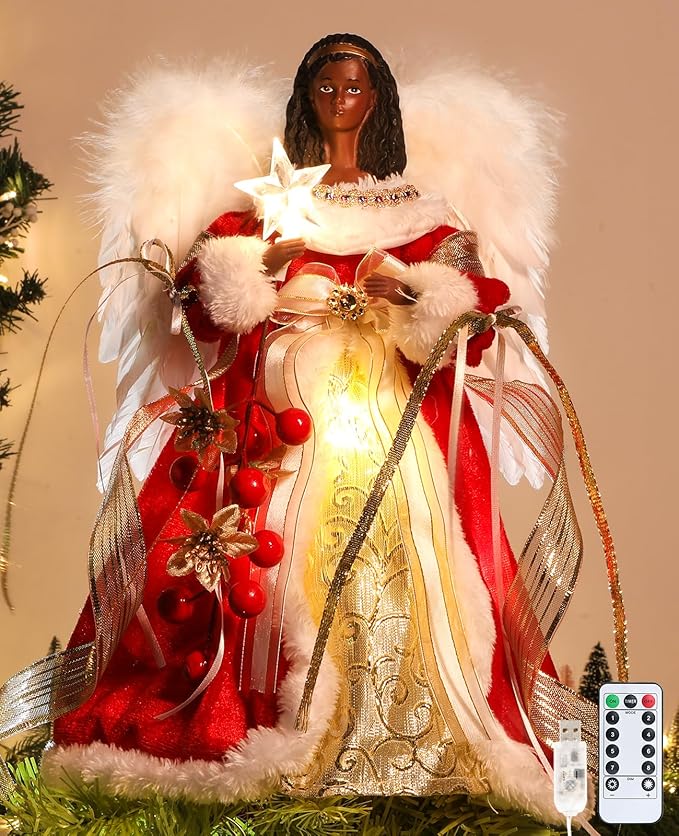 HMASYO Black Christmas Tree Topper Angel with Timer Lights, 12" African American Angel Tree Toppers with White Feather Wings, Star Light, Remote Control and USB Power Xmas Treetop Decor for Holiday