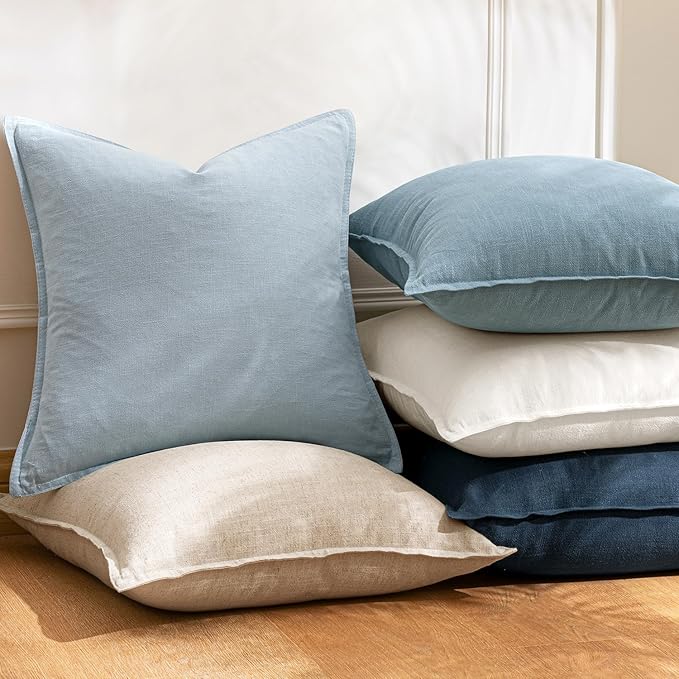 Woaboy 18x18 Inch Set of 2 Decorative Linen Solid Throw Pillow Covers Boho Accent Farmhouse Pillowcases Modern Netural Christmas Home Decor for Couch Sofa Living Room Bed,Cream White