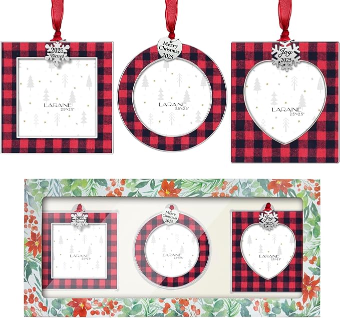 Laraine Christmas Tree Ornaments 3 Pieces – Decorative Hanging 2025 Plaid Pendant with 2.5” Picture Frame Insert Pet Holiday Keepsake Gift (Plaid-Red&Black (2025))