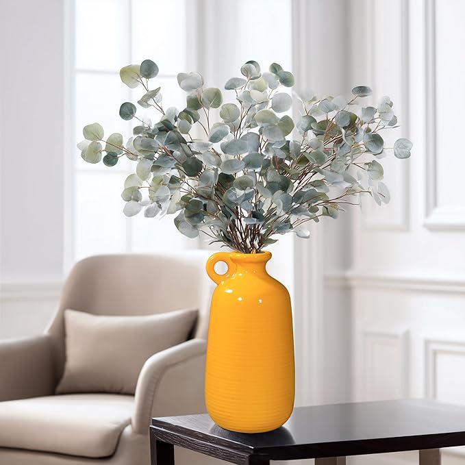 Sunddo Yellow Ceramic Vase for Home Decor -10 inch Modern Handled Decorative Vases for Flowers, Living Room, Kitchen, Shelf, Entryway and Centerpiece Table Decorations