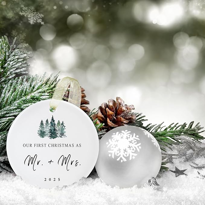 First Christmas as Mr and Mrs Ornament 2025,1st Year Wedding Ornament for Newlywed,Our First Married Christmas Ornament,Ceramic Hanging Decoration for Couples Just Married with Gift Box&Ribbon (2.9"