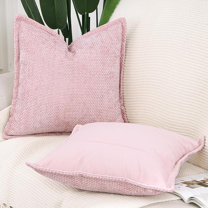 MADIZZ Chenille Velvet Throw Pillow Covers with Flange Set of 2 Super Soft Boho Textured Pillow Covers Decorative Throw Pillowcases Modern Farmhouse Home Decor for Sofa Bedroom Pink 20x20 Inch