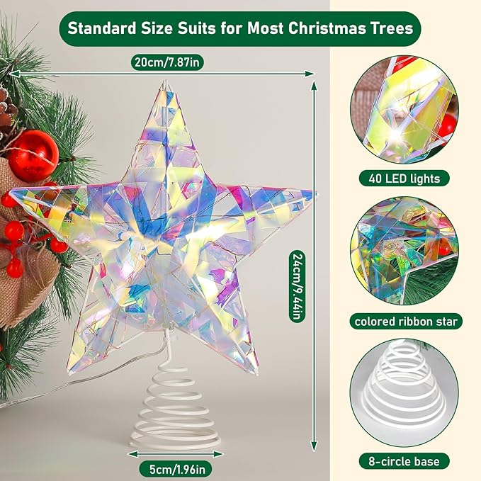 Christmas Tree Topper, LED Star Tree Topper with Remote Control, 8 Lighting Modes, Lighted Tree Topper for Christmas Home Party Decor