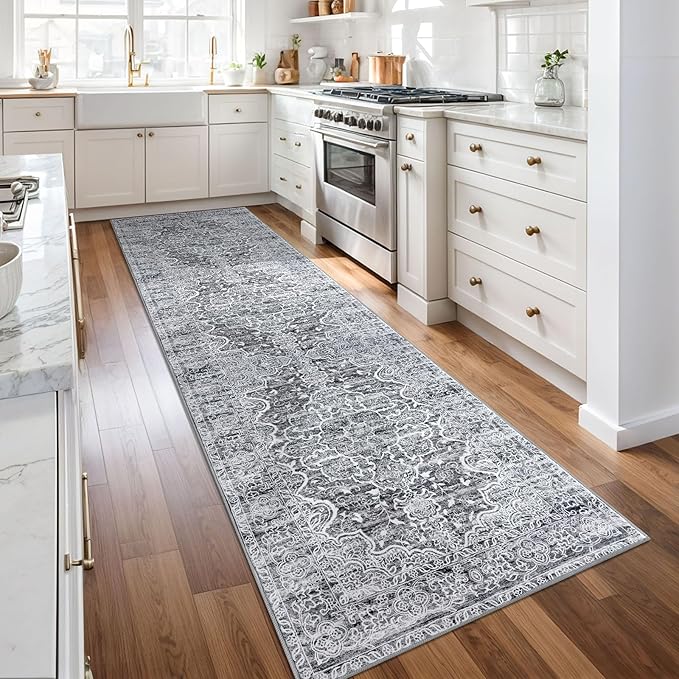 KUTA Vintage Kitchen Runner Rug, 2.6x10 Vintage Grey Blue White Washable Hallway Rugs Non-Slip Ultra Soft Printed Floral Medallion Farmhouse Floor Carpet for Bedroom Living Room Nursery