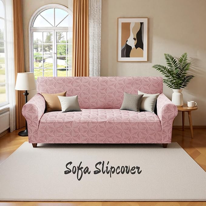 YEMYHOM 1 Piece Stretch Couch Covers for 2 Cushion Couch, Jacquard Loveseat Cover with Non-Slip Elastic Bottom, Thickened Slipcover Furniture Protector for Dogs Pets (Medium, Pink）