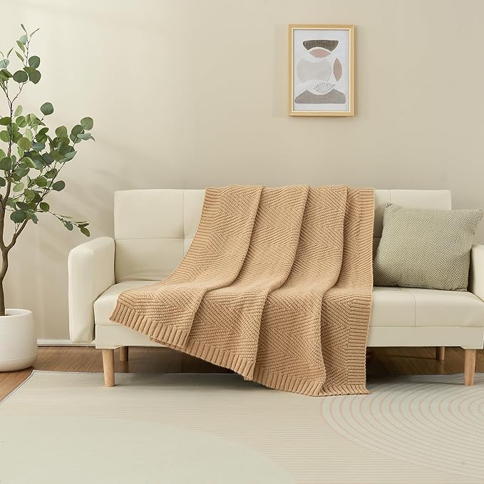Knitted Throw Blanket 60"X80", Tan Brown Knit Throws for Bed, Super Soft Boho Chevron Blankets for Couch Sofa Chair Room Decor, Textured Decorative Farmhouse Cozy Lightweight