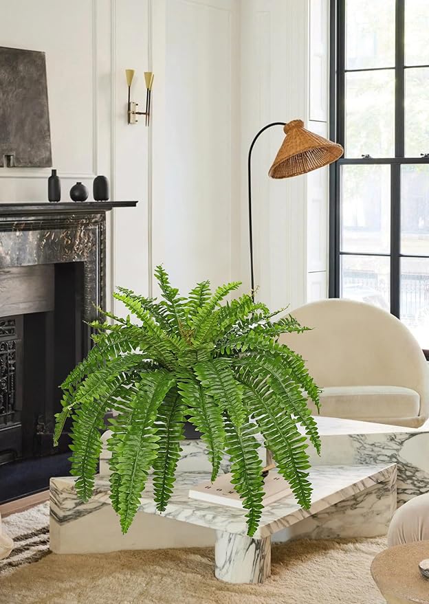 Hollyone Artificial Fern Plants in Pot 34.6" Large Artificial Boston Fern 39 Leaves for Outdoors & Indoor Faux Potted Plant Fake Ferns Bush Plant for Patio Garden Farmhouse Porch Home Decor Green