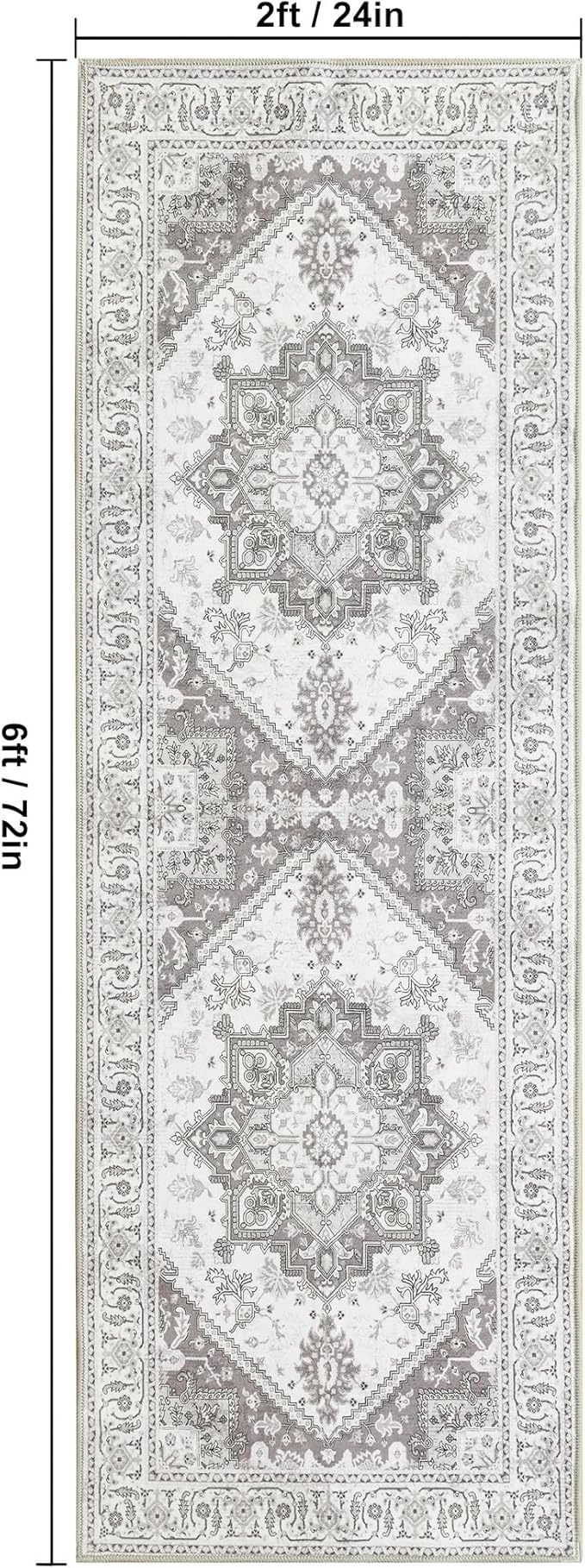 XWZO Runner Rug 2x6ft, Washable Hallway Runner with Non-Slip Backing, Vintage Spill Stain Resistant Floor Mat for Entryway Corridor Bedroom Kitchen, Soft Low-Pile Area Carpet, Grey