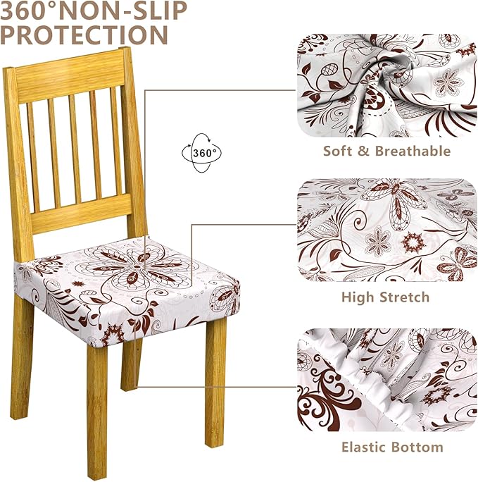 Stretch Dining Chair Seat Covers Set of 6,Dining Chair Slipcovers, Floral Printed Chair Covers,Soft Fabric Washable Upholstered Chair Seat Protector, No Rear Covers for Home Kitchen Dining Room