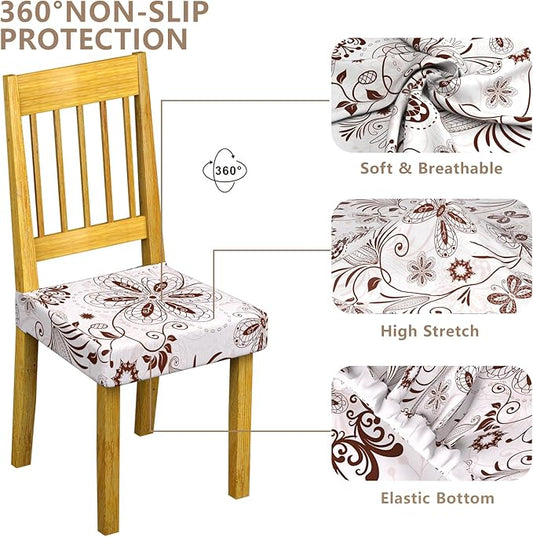 Stretch Dining Chair Seat Covers Set of 6,Dining Chair Slipcovers, Floral Printed Chair Covers,Soft Fabric Washable Upholstered Chair Seat Protector, No Rear Covers for Home Kitchen Dining Room