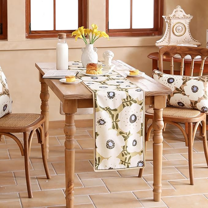 Rectangle White Flower Table Runner 118 Inches Long,Vintage Rustic Farmhouse Linen Floral Table Runners,Fall Decorations for Home Thanksgiving Christmas Party.12"*118"-Hidaka