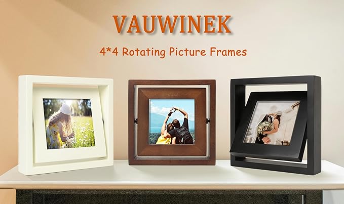 4x4 Double-Sided Rotating Floating Square Picture Frames (2 Pack, White), Solid Pine Wood with Real Glass for Horizontal Vertical Standing Display Desk Tabletop Photo Frames