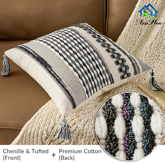 AmHoo Set of 2 Chenille Striped Textured Boho Throw Pillow Covers Aesthetic with Tassels Woven Decorative Pillow Case for Couch Bed Sofa Bedroom Modern Funky 18 x 18-Inch Black Multicolor