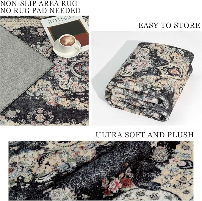 Washable Runner Rug 2x6,Black Rug Runners Non Slip,Long Boho Rugs for Hallways Kitchen Bedroom Entryway Living Room Bathroom,Vintage Bohemian Distressed Floor Carpet,Floral