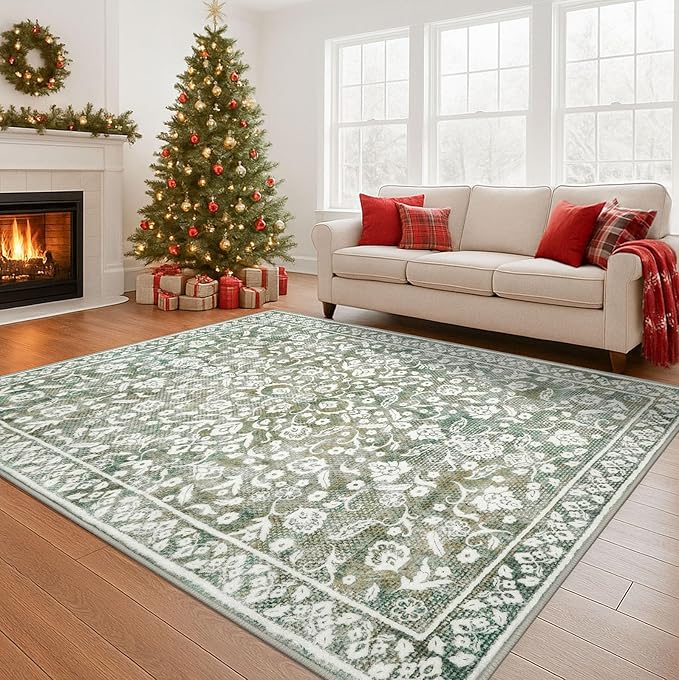 Vintage Area Rug 6x9, Sage Green Beige Non-Slip Soft Area Rug Living Room Thin Printed Faux Wool Floor Super Soft Carpet Throw Rugs for Bedroom Dining Room Playroom Indoor Office