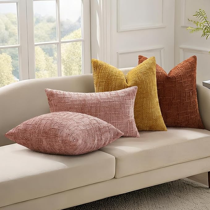 decorUhome Pink Chenille Throw Pillow Covers 12x20 Set of 2 Thick Textured Slubby Couch Pillow Covers Farmhouse Accent Modern Neutral Decorative Pillow Cases for Bed Sofa Living Room