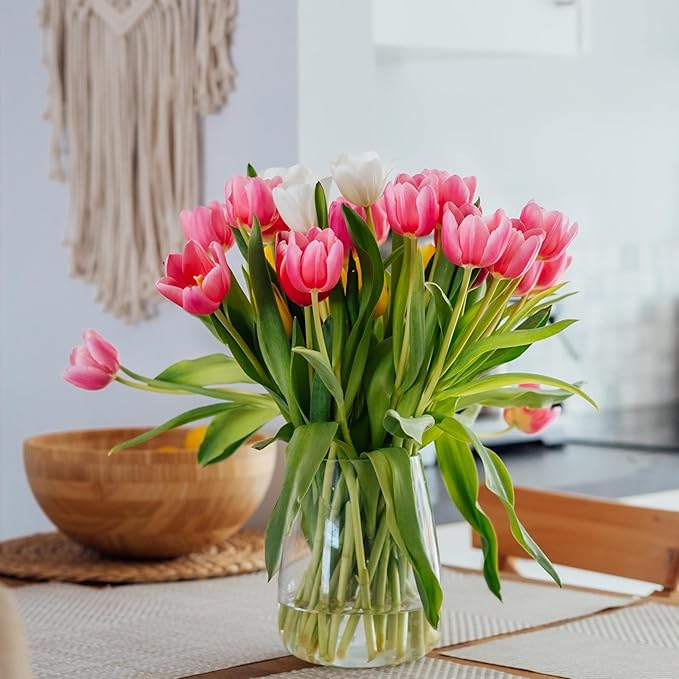 Sggvecsy 30 Pcs Fake Tulips Artificial Flowers Real Touch PU Faux Flowers Tulip Stems for Wedding Spring Bouquet Floral Arrangement Home Party Office Decorations for Mother's Day (Dark Pink)