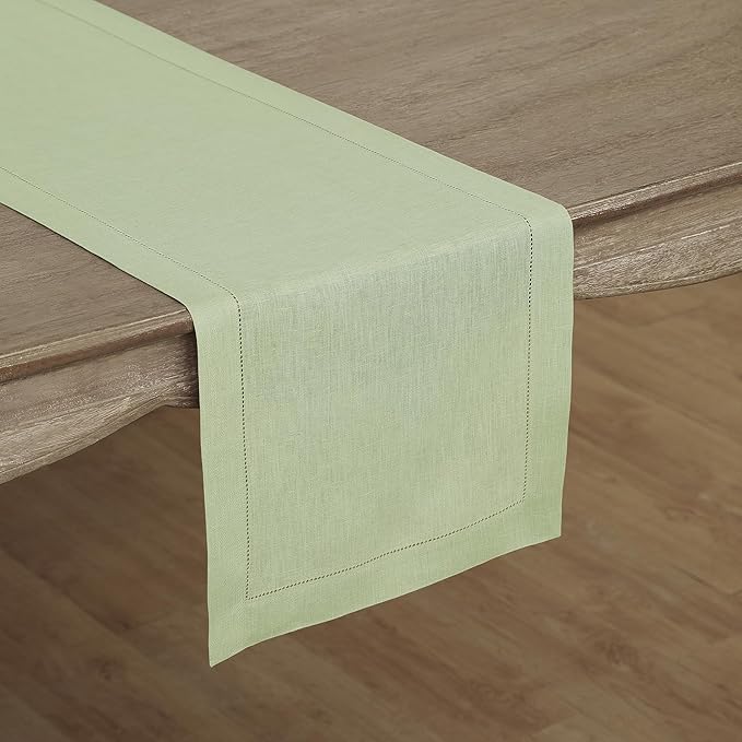 Solino Home Linen Sage Green Table Runner 144 Inches Long - 100% Pure Linen Extra Long Table Runner 14 x 144 Inch for Spring, Easter, St Patricks Day - Classic Hemstitch