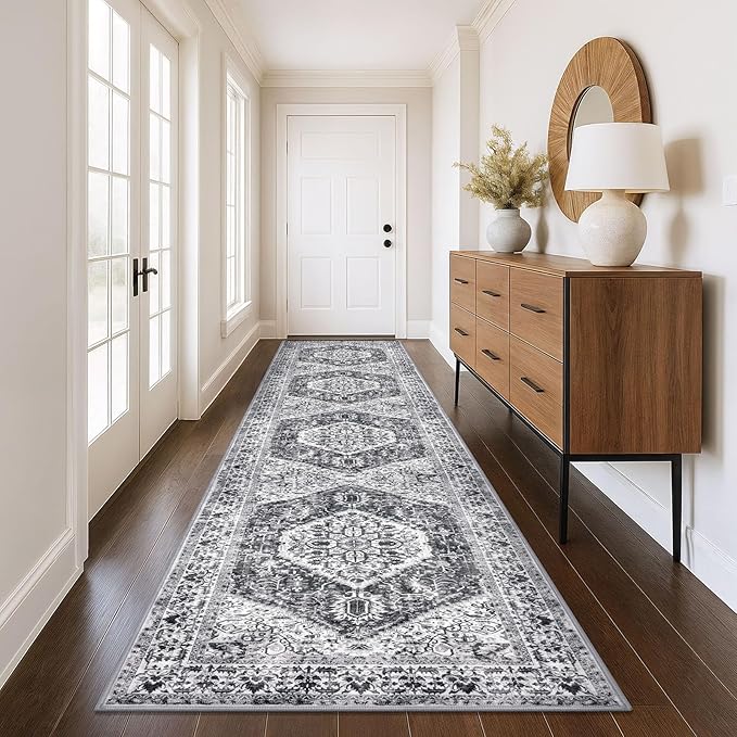 KOZYFLY Runners for Hallways 3x12 Ft Extra Long Washable Kitchen Thin Runner Boho Runner Rug for Entryway Indoor Printed Faux Wool Stair Runner Floor Carpet for Stair Kitchen Hall, Grey