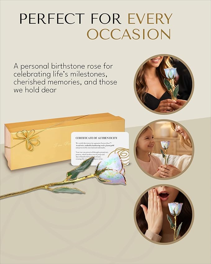 Forever Rose Hand-Dipped in 24K Gold, Opal Inspired October Birthstone with Sparkles, Real Rose in Luxury Gold Gift Box – Perfect Ready to Gift for October Birthday or Any Occasion
