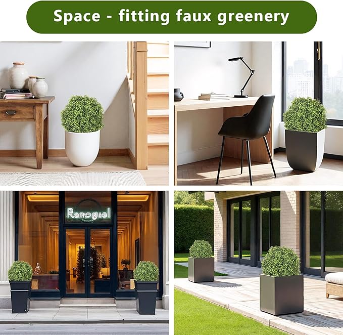 24" Faux Boxwood Plants Outdoor, Artificial Topiary Ball Trees Set of 2, UV Resistant Fake Potted Evergreen Realistic Greenery Bushes Shrubs for Outside Front Porch Planter Patio Indoor Decor 2ft Tall