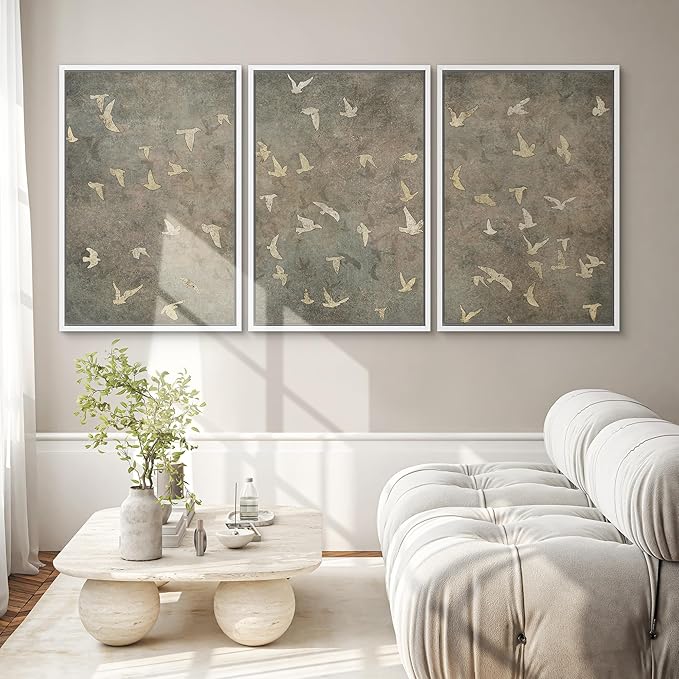 SIGNWIN Framed Canvas Print Wall Art Set Abstract Golden Birds in Flight Illustrations Modern Art Decorative Rustic Calm/Zen for Living Room, Bedroom, Office - 16"x24"x3 White