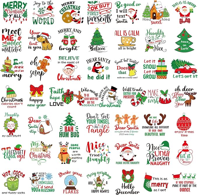 Fainne 100 Pcs Christmas Word Stickers for Crafts Christmas Vinyl Inspirational Stickers Waterproof Xmas Decals for Ornament Ball Wooden Cup Glass Water Bottle Decoration, 50 Style(Elk)
