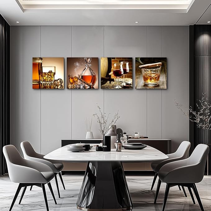 Canvas wall Art For Kitchen Dining Room Wall Decor Still Life Wine Glass Wall Paintings Ready To Hang For Home Decor Pub Restaurant Mural Framed Pictures Posters Prints Artwork 16" X 16"4 Piece