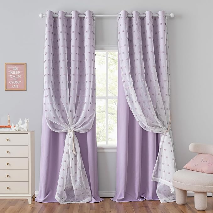 MYSKY HOME 90 Inches Long Curtains with Lilac Pom Pom Sheer Nursery Curtain Girl Blackout Drapes for Kids Bedroom 2 Layered Room Darkening Window Panels for Toddler Grommet, Purple, 52" Wide, 2 Pieces