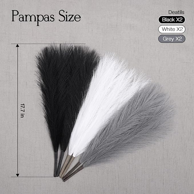 Faux Pampas Grass Decor 17.7 Inch 6pcs, Artificial Pampas Grass Fluffy Home Decor, Short Vase Room Decor pompous Grass Flower Arrangement for Boho Home Wedding Decoration (Black,White,Grey)