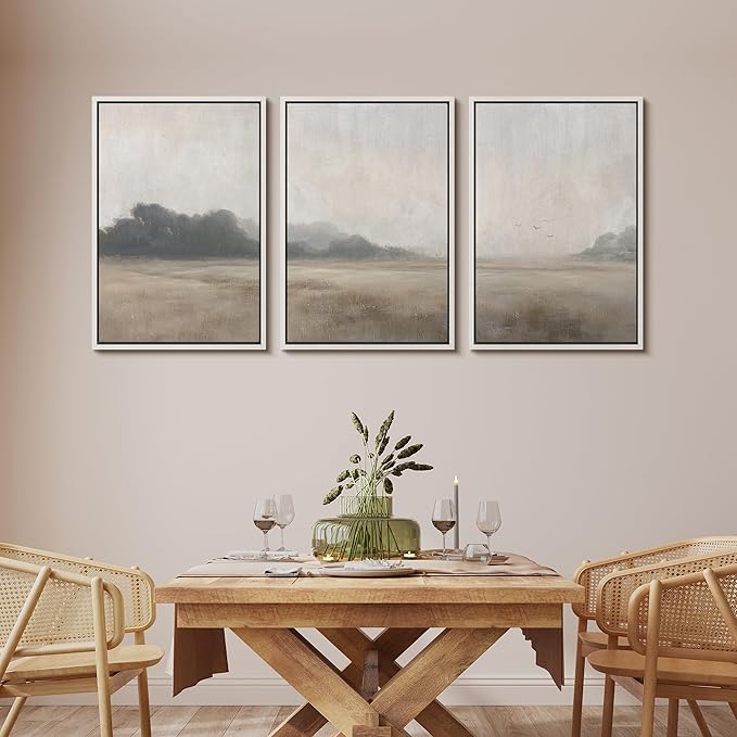 MUDECOR Framed Wall Art Print Set Serene MeadowTranquil Landscape with Foggy Fields and Distant Trees Illustrations Realism Decorative for Living Room, Bedroom, Office - 16"x24"x3 White
