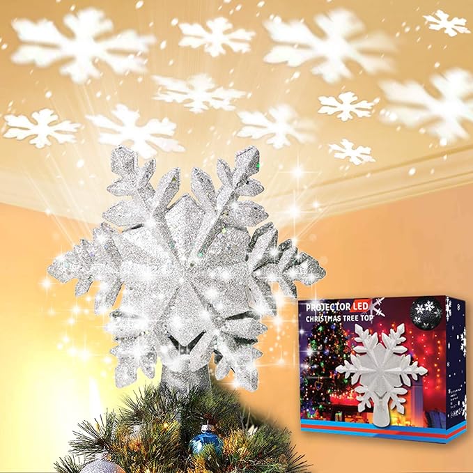 Christmas Tree Topper Lighted with White Snowflake Projector, LED Rotating Snowflake, 3D Glitter Lighted Sliver Snow Tree Topper for Christmas Tree Decorations