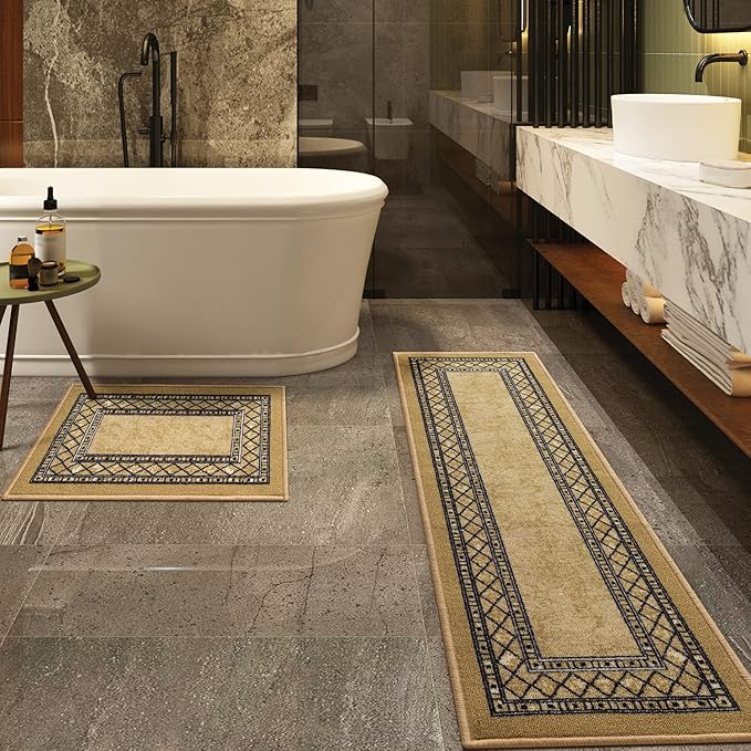 Antep Rugs Alfombras Modern Bordered 2pc Non-Skid (Non-Slip) Low Profile Pile Rubber Backing Indoor Kitchen Runner Rugs (Brown, 2pc Set)