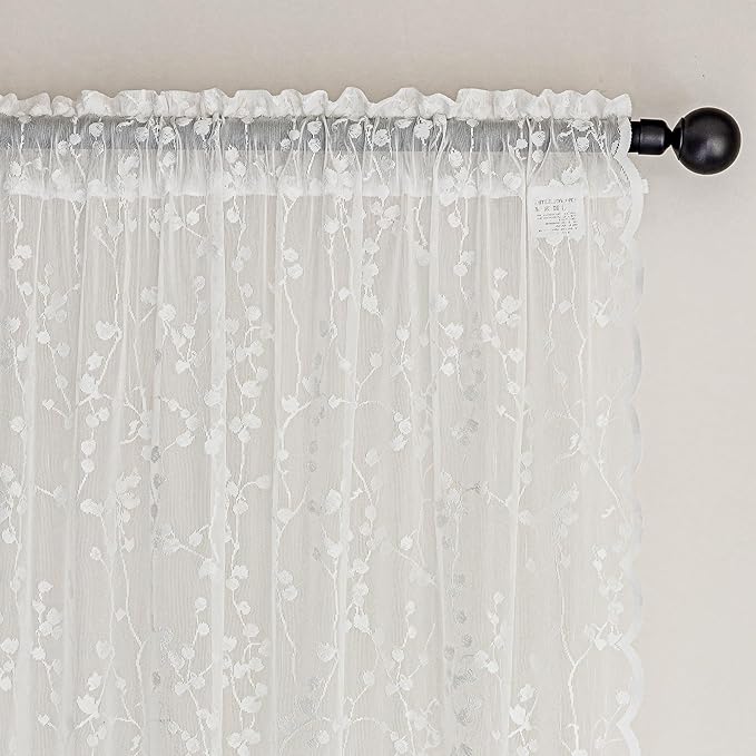 96-Inch White Lace Sheer Curtains – Vintage Branch Pattern Lace for Bedroom/Living Room, Light Filtering Rod Pocket Drapes, Privacy Chic Window Treatments, 52W x 96L Inch, 2-Panel Set