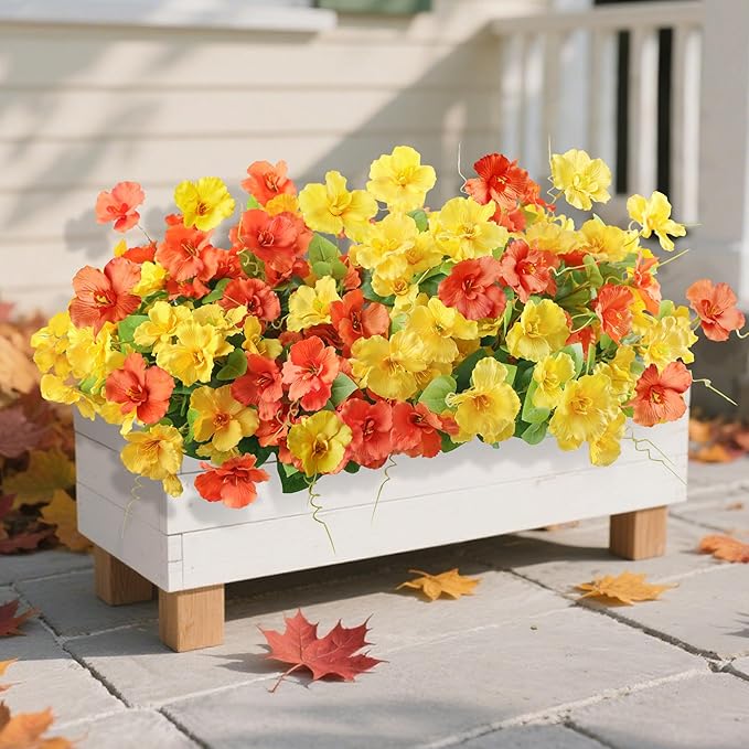 Hibiscus Artificial Flowers Plants for Outdoors Decoration, 6 Bundles Silk Tropical Flowers Artificial Realistic UV Resistant Fake Flower for Outside Planter Porch Patio Balcony (Yellow Orange)