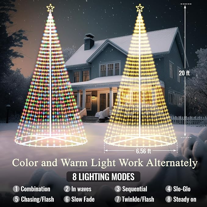 Riakrum 20ft-3199 LED Flagpole Christmas Tree Lights Outdoor Decorations with Star Topper, 8 Lighting Modes Pre-lit LED Flagpole Christmas Lights Multicolor, Outside Yard Holiday Display