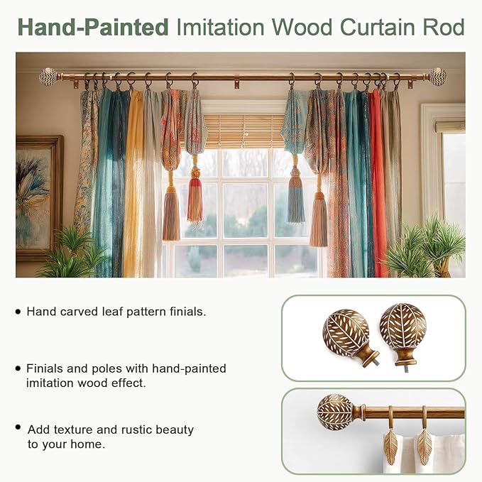 Gold Curtain Rods for Windows 72 to 144 Inch,1'' Diameter Drapery Rods with Imitation Wood Grain Leaf Pattern Finials,Boho Adjustable Heavy Duty Curtain Rods Set,36-150'',Antique-Gold Wood