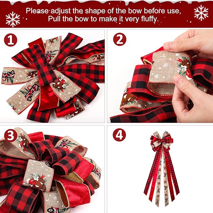 RECUTMS Red Christmas Bows 56.7x13 inches Christmas Tree Topper Bows Large Handmade Burlap Bow with Xmas Patterns Christmas Wreath Decoration for Indoor Outdoor Xmas Party Home Holiday Winter