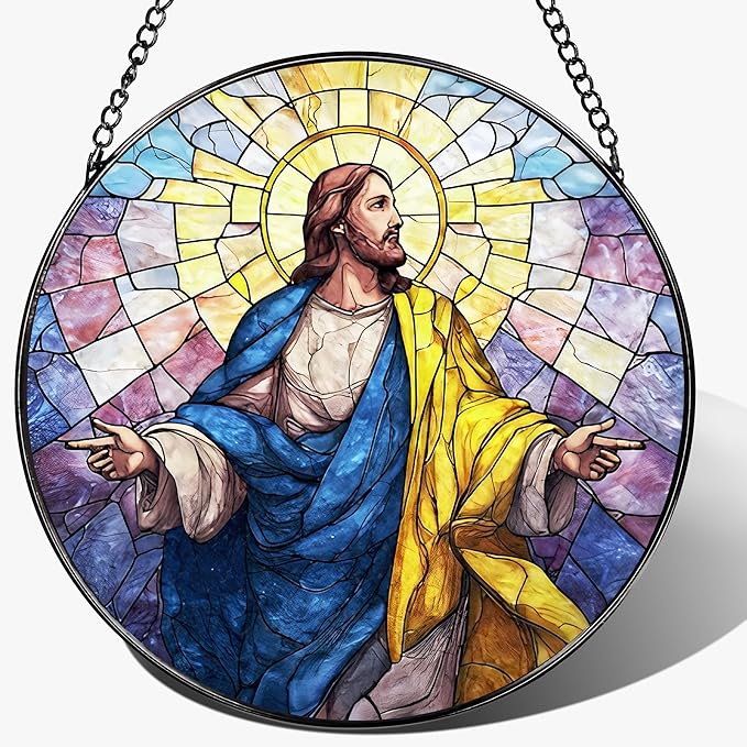 8'' Jesus Christ Stained Glass Suncatcher, Stained Glass Window Hanging, Christian Religious Decor, Christmas Ornament, Easter Resurrection Gifts, Christian Gift, Religious Gift
