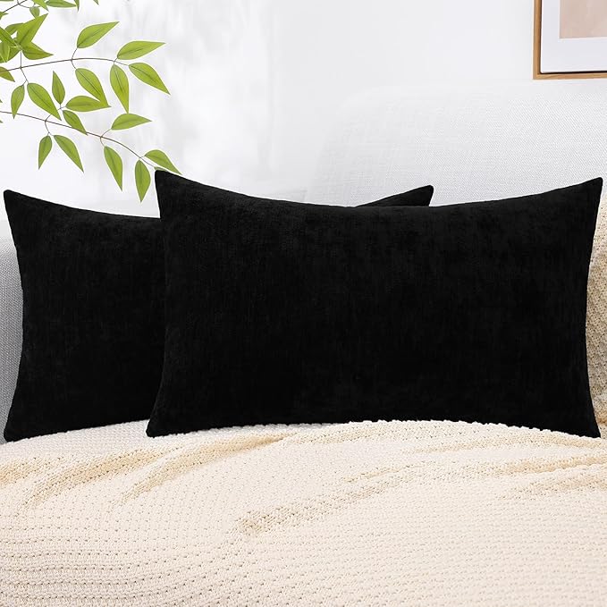 decorUhome Chenille Black Christmas Throw Pillow Covers 12x20 Inch Set of 2, Decorative Soft Couch Pillow Covers Solid Dyed Accent Farmhouse Neutral Rectangle Pillow Cases for Sofa