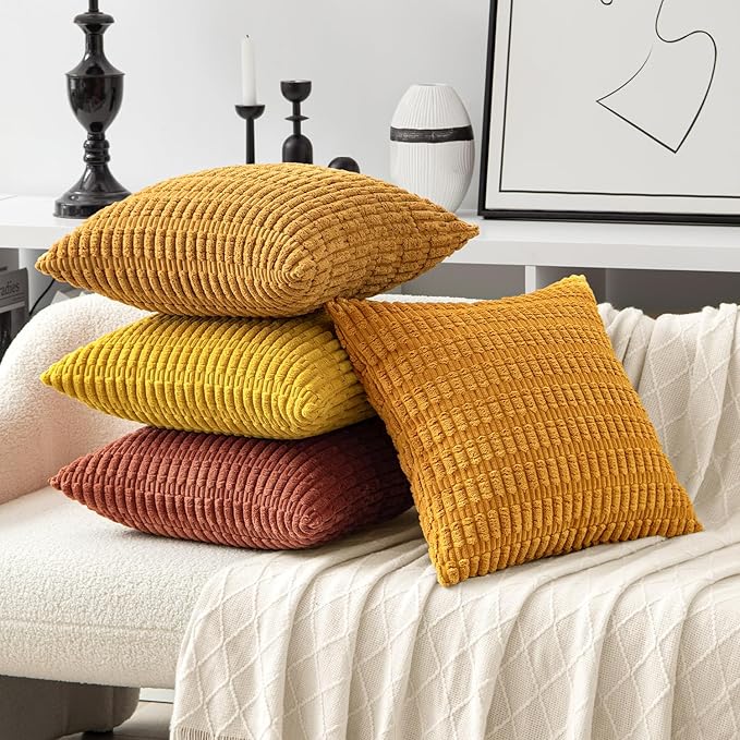 MIULEE Pack of 4 Fall Boho Farmhouse Orange Yellow Corduroy Decorative Throw Pillow Covers 20x20 Inch Soft Striped Pillow Covers Modern Rustic Home Decor for Sofa Living Room Couch Bed
