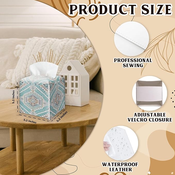 Western PU Leather Tissue Box Cover - Southwest Aztec Vintage Decorative Tissue Holder - Waterproof & Modern Dispenser Box - Facial Paper Organizer Home Decor for Living Room, Bathroom, Office - A03