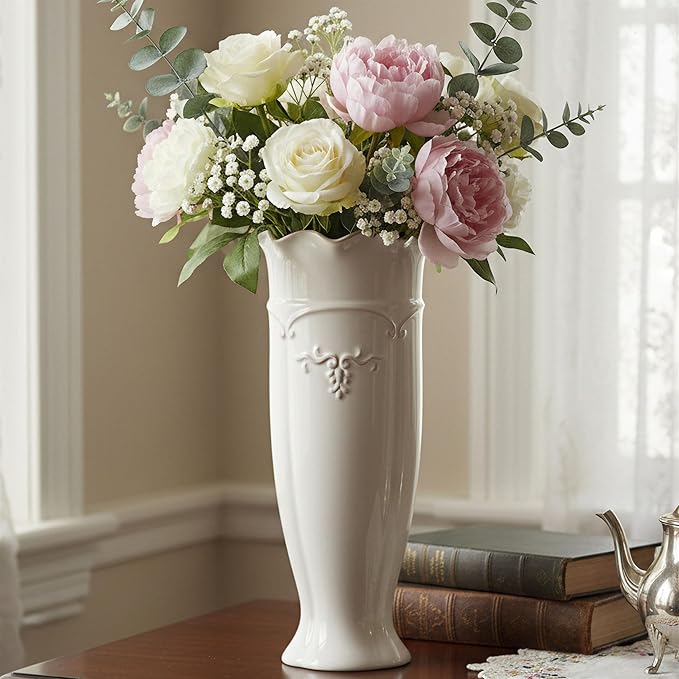 hjn White Ceramic Vase- French Flower Vase for Decor Tall Vintage Vases for Flowers/Home Decoration/Kitchen/Table/Living Room/Shelf/Mantel/Office-Height-11.6"