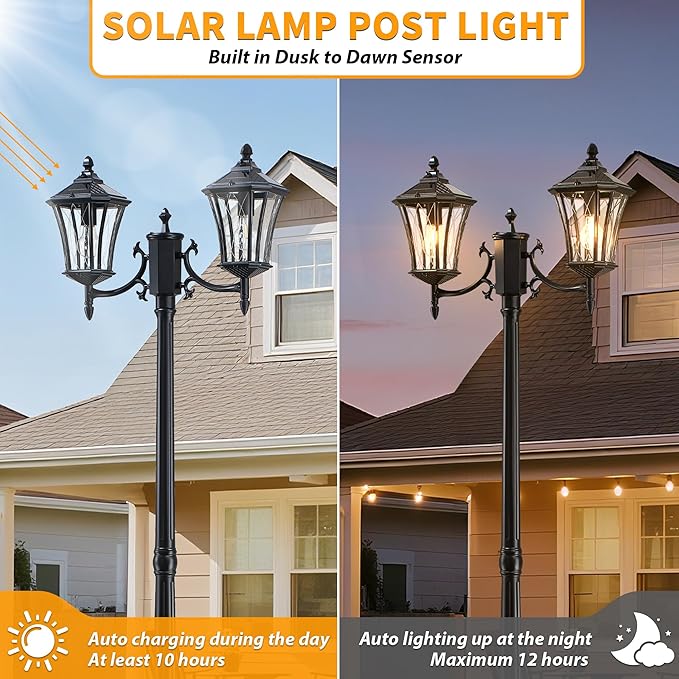 YSN 85" Solar Lamp Post Light, Dusk to Dawn Lamp Posts Outdoor Lighting, 2-Head Solar Pole Lights Outdoor Post Lights, Retro Black Exterior Pole Lantern, Waterproof Light Posts for Outside Garden Yard
