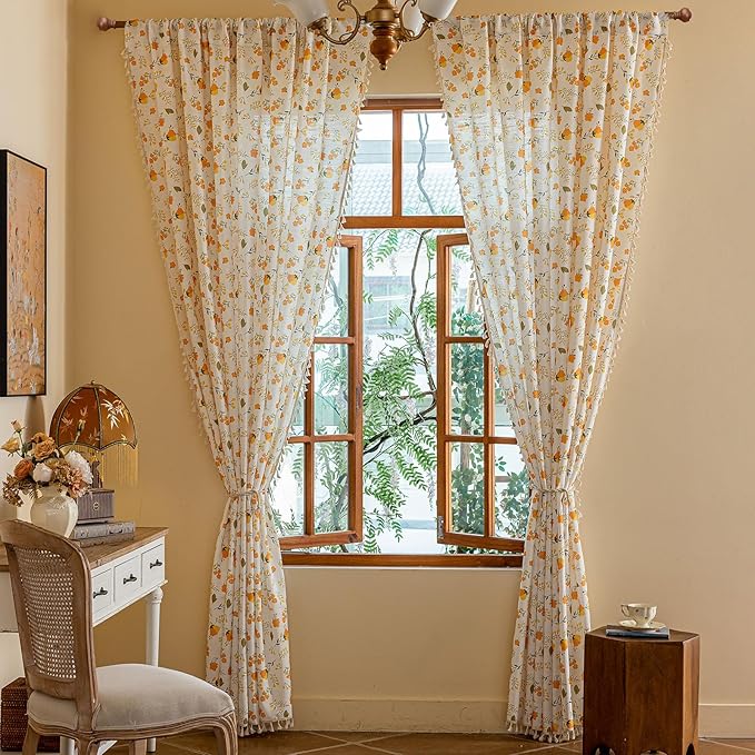 OYX Yellow Boho Pattern Floral Curtains 84 Inch Length 2 Panels for Living Room, Bedroom Light Filtering Drapes, Vintage Country French Tassels Patterned Rod Pocket Aesthetic Decor Window Treatments