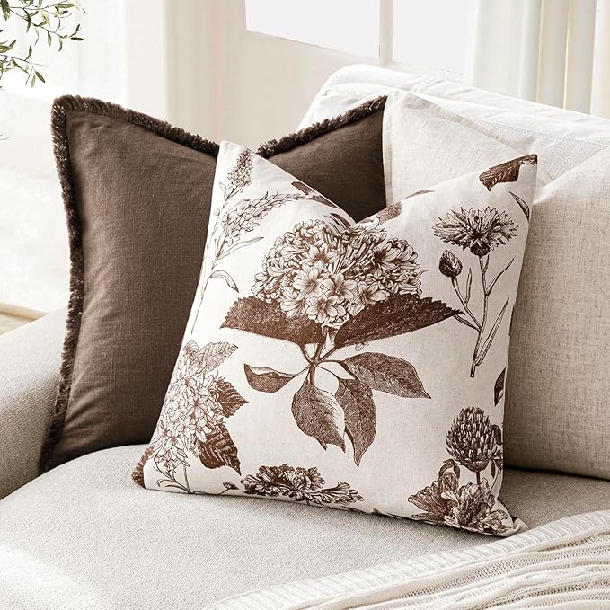 Foindtower Set of 2 Linen Floral Throw Pillow Covers Vintage Accent Print Decorative Cushion Covers Farmhouse Boho Home Decor for Sofa Chair Couch Bedroom Living Room,24×24 Inch,Dark Brown