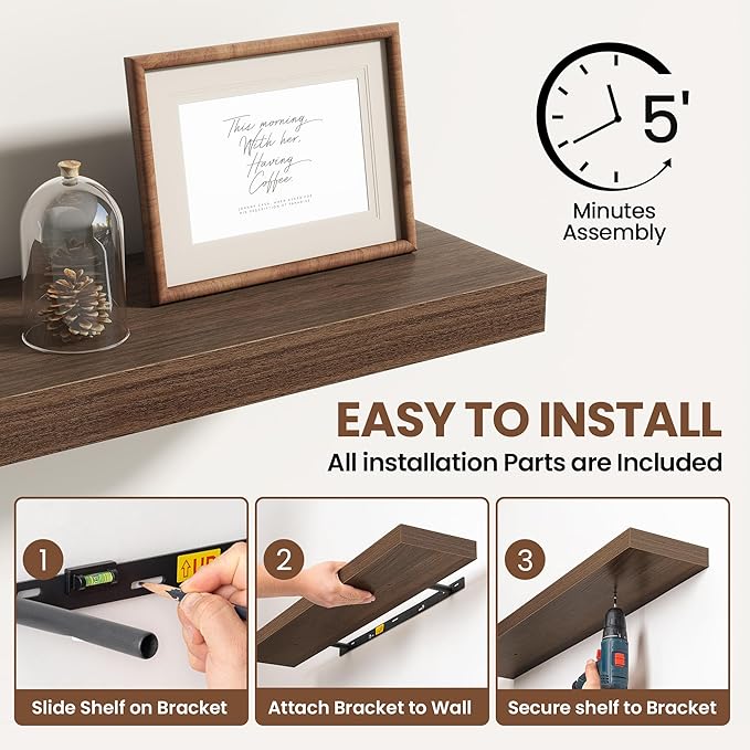 55 Inch Floating Shelves for Wall 2 Pack, 55" Wall Shelves for Books, Storage, Decor, Wall Mounted Floating Shelf with Invisible Brackets for Kitchen, Living Room, Walnut