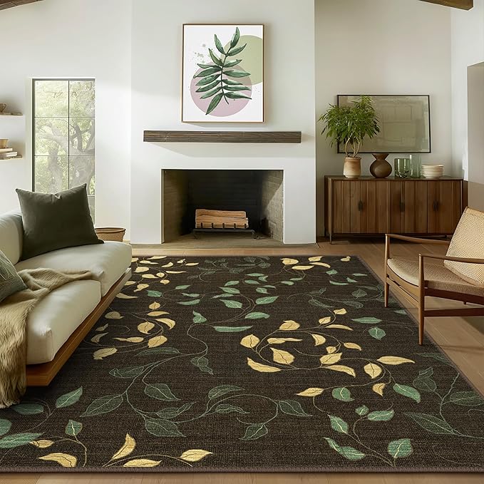 GENIMO Machine Washable 8x10 Area Rugs for Living Room, Non Slip Vintage Rugs, Low Pile Lightweight Chenille Print Rug for Bedroom, Dining Room, Home Office, Dark Leaf Print