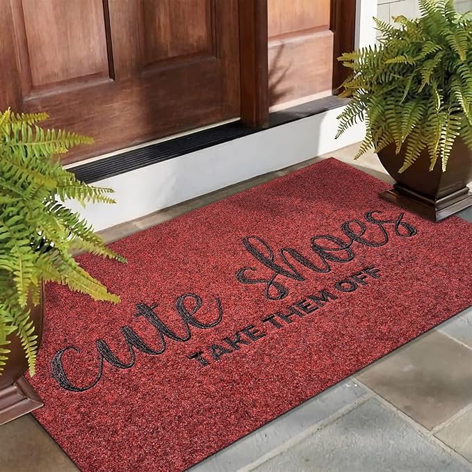 AOAOPQ Funny Doormat Cute Shoes Take Them Off Door Mats Welcome Outside Mats for Garden Entrance Hallway Shoe Scraper Rubber Backing Washable Doormat 24"x 36" Dark Red