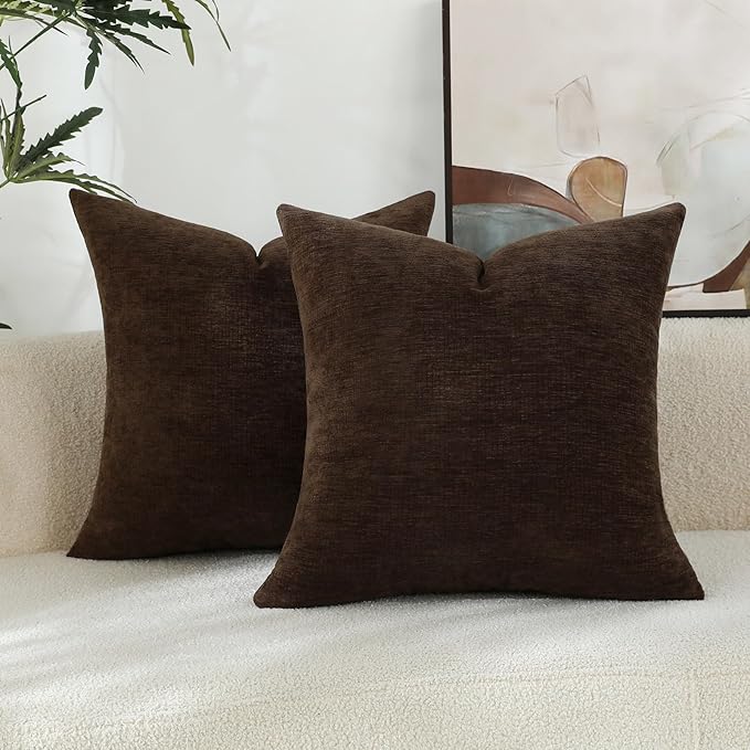 Coffee Brown Chenille Decorative Couch Throw Pillow Covers, Soft Cushion Cases for Home Livingroom Sofa Décor, Pack of 2, 18 x 18 Inches